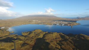 Aerial view of Adak Alaska on a sunny day