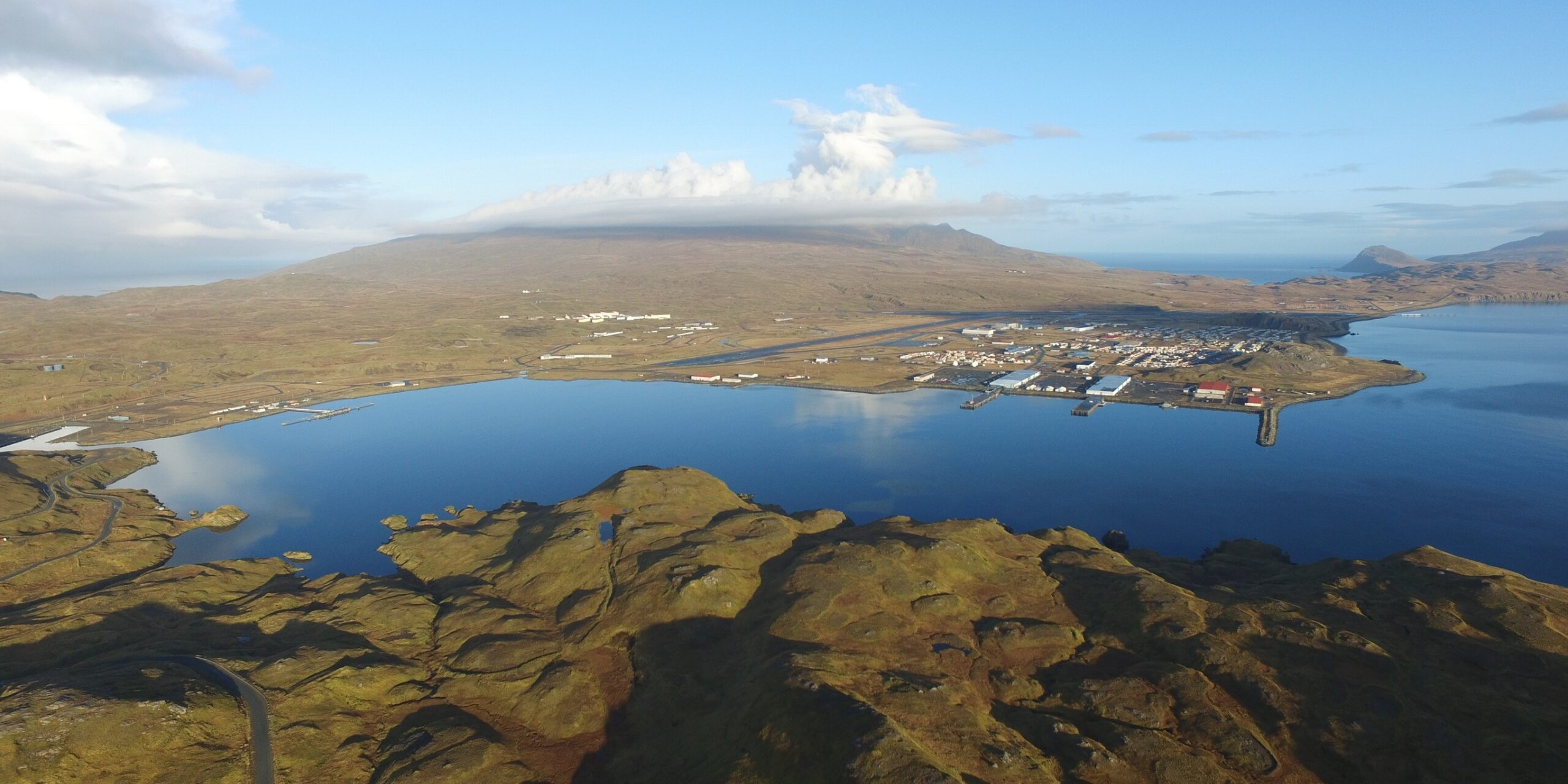 Aerial view of Adak Alaska on a sunny day