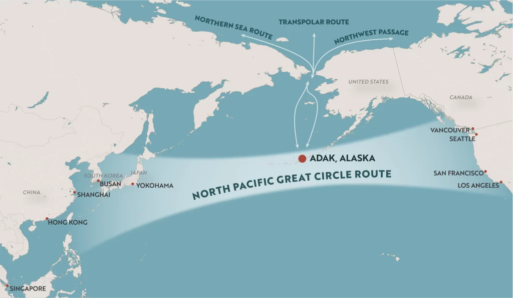 A map showing the North Pacific Great Circle Route with Adak, Alaska, featured.