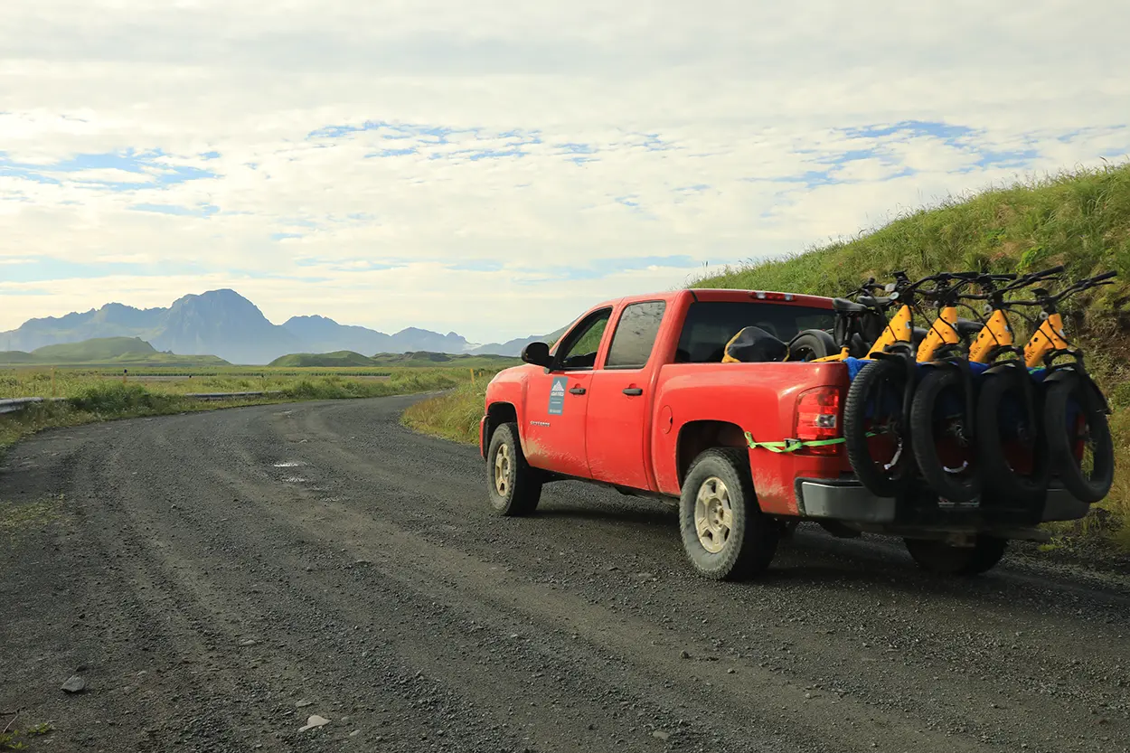 Aleut Ventures truck carrying rentable eBikes in Adak, Alaska.